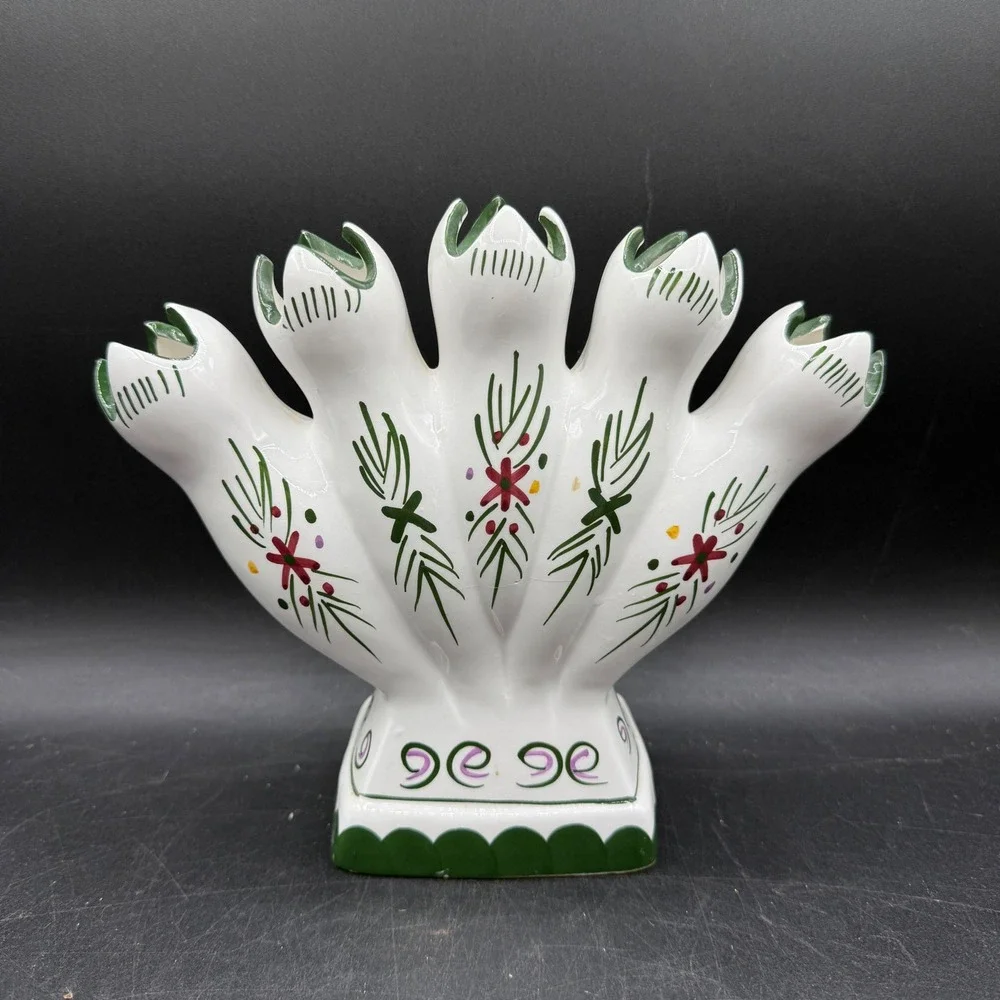 Vintage Ceramic Tulip 5 Finger Vase Hand Painted Floral White Green Portugal